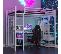 Sweiko Lit surélevé avec échelle 90x200cm , Lit simple Lit d'enfant avec table avec suspension simple avec compartiments de rangement, Blanc