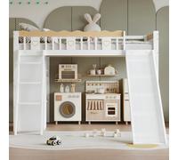 Sweiko Lit surélevé, Lit d'enfant, Avec toboggan pour enfants, Armoire et placard de rangement sous le lit, Clôture à quatre côtés avec motifs exquis Pin + MDF + contreplaqué, Blanc+Nature, 90x200cm