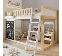 Sweiko Lit surélevé, Lit d'enfant, Avec un petit tableau à peindre, Avec boîte de rangement, Barrière de sécurité, Espace de rangement personnalisable sous le lit, Pin + MDF , Blanc+Naturel, 90x200cm