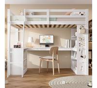Sweiko Lit surélevé, Lit d'enfant, Étagère de rangement pratique, Barrière de sécurité, Toile feutrée pour suspendre des objets, Échelle inclinée stable, Pin + panneau de particules + contreplaqué, Bl