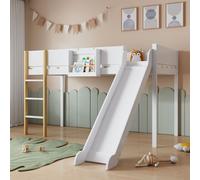 Sweiko Lit surélevé, lit superposé avec échelle droite à trois niveaux, lit d'enfant, lit d'adolescent avec toboggan, avec étagère amovible, pin+MDF, blanc+naturel, 90x200cm
