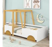 Sweiko lit voiture,lit jeep,lit enfant avec roues en MDF,cadre en pin, blanc+naturel 90x200cm
