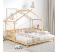 Sweiko Lits d'enfant 90/180x200cm Lit de maison extensible, lit en bois massif avec protection contre les chutes et toit, simple et double, couleur naturelle