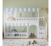 Sweiko Lits superposés pour Enfants 90 x 200 cm, lit Mezzanine en Bois Massif avec escalier de Rangement et barrières de sécurité, décor en Forme de Porte, sans Matelas