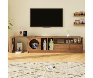 Sweiko Meuble TV moderne pivotant - polyvalent et extensible, adapté aux animaux domestiques, portes en verre renforcées d'acier, espace de repos pour chats (sans coussin pour chat), couleur noyer, 18