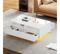 Sweiko Table basse LED haute brillance avec 4 tiroirs, table basse, table de salon,Table centrale moderne avec 16 couleurs de lumières LED pour le salon chambre à coucher,USB,blanc