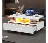 Sweiko Table Basse Moderne Haute Brillance avec Éclairage LED et 2 Tiroirs, Table Basse de Rangement Table de Salon avec Rangement Ouvert, Capable de Porter 30kg (Blanc)