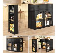 Sweiko Table de bar extensible avec espace de rangement(138-204×39×104cm) , pivotant à 360° mangeable,Table de bar mobile moderne,Table haute de cuisine îlot Bistro Table, meuble buffet avec étagères