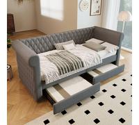 Sweiko Tête de lit vintage Lit rembourré 90x200 cm, Canapé-lit Lit de jour avec 2 tiroirs de rangement, lit d'enfant Lit d'adolescent Cadre de lit avec sommier à lattes en bois, Lin, Gris(Sans matelas