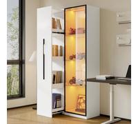Sweiko Vitrine Meuble de Rangement avec Étagère Latérale Coulissante et LED Intégré, Armoire Haute en Verre Trempé avec Tiroir sur roulettes, Buffet pour Salon, Bureau