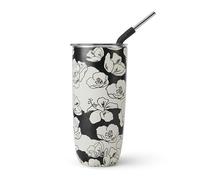 S'well Gobelet en acier inoxydable avec paille et couvercle coulissant, 700 ml, motif fleurs au fusain, triple couche d’isolation sous vide, garde les boissons froides 18 h et chaudes 5 h, sans BPA