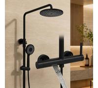 SWHC Colonne de Douche avec Mitigeur en Laiton, Ciel de Douche 23x23cm,Noir | Système de Douche Or Brossé avec Douchette 3 Jets, Flexible PVC, Réglable en Hauteur pour Baignoire et Salle de Bain