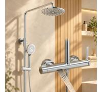 SWHC Colonne de Douche Chromé avec Mitigeur en Laiton, Ciel de Douche 23cm | Système de Douche Or Brossé avec Douchette 3 Jets, Flexible PVC, Réglable en Hauteur pour Baignoire et Salle de Bain