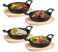 SWHCM Lot de 4 Mini Poêles en Fonte 16 cm avec Base en Bois - Poêles Fajitas Rondes Antiadhésives pour Four, Grillade et Service Chaud, Cuisine Intérieure et Extérieure