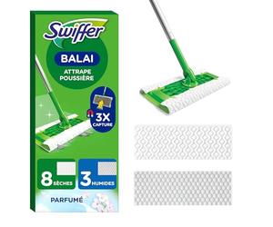 Swiffer Kit Balai Attrape-Poussière Kit + 8 lingettes humides + 3 sèches | 1 balai, 8 lingettes sèches, 3 lingettes imprégnées parquet. Retient 3x plus poussière.