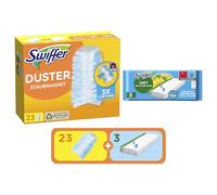 Swiffer Kit Recharge Plumeau et Balai, Inclus 23 Recharges Duster Plumeau et 3 Lingettes Humides Balais Swiffer, Attrape Et Retient 3 Fois Plus De Cheveux Et Poussière Qu’un Plumeau Ordinaire