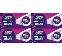 Swiffer WetJet 12 Recharges Jetables Nettoyantes Multi-Surfaces, Retient la Poussière et Saleté, Pour Tous Types de Sol, Sans Traces ni Résidus (Lot de 4)