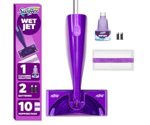 Swiffer WetJet Kit de démarrage pour Nettoyeur de sols et Bois durs, Comprend : 1 Balai électrique, 10 tampons, Solution de Nettoyage, Piles