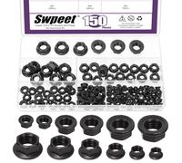 Swpeet 150Pcs 6 tailles M3 M4 M5 M6 M8 M10 noir 304 en acier inoxydable écrous à bride serrure hexagonale Kit d'assortiment d'écrous de verrouillage, écrous de verrouillage à bride métrique Fixations