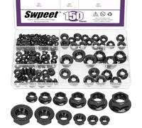 Swpeet 150Pcs 6 tailles M3 M4 M5 M6 M8 M10 noir zinqué écrous de bride serré Hex verrouillage écrous assortiment Kit, écrous de verrouillage de bride métrique Fixations pour mécanisme industriel