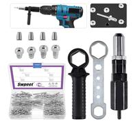 Swpeet 211pcs kit d'adaptateur de pistolet à rivets électrique en acier allié noir avec tête de rivet et clé à poignée de diamètre 2,4/3,2/4,0/4,8 mm et kit de rivets aveugles en aluminium