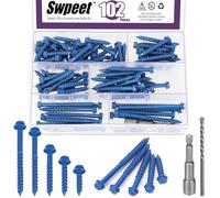 Swpeet Lot de 52 vis à béton à tête hexagonale fendue de 6,35 mm x 8,9 cm avec douille hexagonale et assortiment de forets, vis à ciment autotaraudeuses pour ancrage (Kit d'assortiment 1/4 ")
