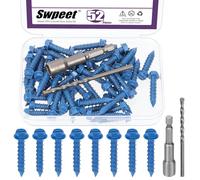 Swpeet Lot de 52 vis à béton à tête hexagonale fendue de 6,35 mm x 8,9 cm avec douille hexagonale et assortiment de forets, vis à ciment autotaraudeuses pour ancrage (1/4"×1-1/4")