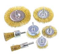 Swpeet Lot de 7 brosses métalliques revêtues de laiton avec tige de 6,35 mm, 7 tailles de brosses pour perceuse métallique revêtue, parfait pour enlever la rouille, la corrosion, la peinture - Réduit
