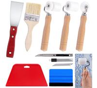 Swpeet Lot de 9 rouleaux de papier peint plat avec kit d'outils de papier peint assortis, rouleau d'angle à mastic, couteau à peinture en bois, raclettes bleues