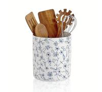 Swuut Porte-ustensiles de cuisine de 18,3 cm - Organiseur de comptoir en céramique avec tapis en liège, pot à ustensiles pour outils de cuisine, fleurs ou refroidisseur de vin (bleu et blanc)
