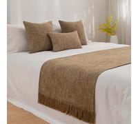 SXLXYOF Chemin de lit d'hôtel en Coton et Lin, Couleur Unie, écharpe de lit King Size, Couvre-lit, Housse de Coussin Assortie, Serviette de lit avec Pompon, Brown-50 * 240CM(1.8m Bed)