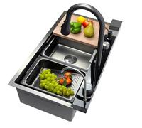 SXSLTSA Évier de Cuisine Cascade Noir et Gris, avec Robinet Multifonctions, Lave-Tasses, Bouton de vidange, Robinet d'eau Potable et Ensemble, Grand évier de Bar de Style Ferme (75 x 45 x