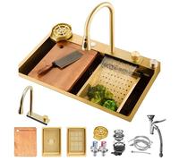 SXSLTSA Évier de Cuisine Gold Waterfall - Nano en Acier Inoxydable à Une cuve avec Robinet extractible doré, kit d'accessoires Complet, Poste de Travail Multifonctionnel pour Cuisines Mode