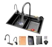 SXSLTSA Évier de Cuisine Noir et Gris à Effet Cascade avec Robinet extractible, Lave-Tasses, Bouton de vidange, Petit Bassin en Acier Inoxydable 304, kit Bar Grand Format (Dimensions : 75