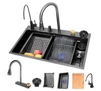 SXSLTSA Grand évier de Cuisine à Cascade avec Robinet extractible, Lave-Tasses, kit de vidange, évier de Bar en Acier Inoxydable, Poste de Travail à cuve Unique, préparation pour installat