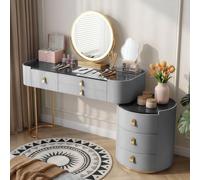 SXZenSpace Coiffeuse avec Rangement, Ensemble de Coiffeuse Moderne à 6 tiroirs, Plateau en Verre trempé de 100 cm, Armoire latérale, Finition Cuir PU pour Chambre à Coucher, Coloris Gris et O