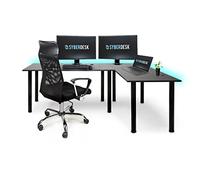 SyberDesk Bureau d'angle Gaming Pro LED - 197 x 132 cm - avec LED - Grand Bureau d'ordinateur. (Droit, Noir)