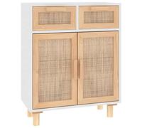 SYDE Buffet en bois pin et rotin naturel blanc 60 x 30 x 75 cm | 2 tiroirs, 2 compartiments, stable, résistant à l'humidité, montage facile