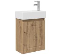 SYDE Module de salle de bain en chêne Artisan 45,5 x 22,5 x 84 cm | Lavabo en céramique blanche, porte réversible, robinet mélangeur, bois engineered, grand espace de rangement