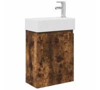 SYDE Module de salle de bain en chêne fumé 84 cm avec lavabo en céramique | Robinet mélangeur inclus, porte réversible, bois engineered, grand rangement