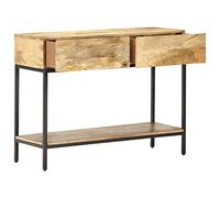 SYDE Table console bois massif manche 100 x 35 x 76 cm | Avec 2 tiroirs et étagère, base en fer, style rustique pour entrée