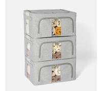 SYEXDZON Sacs Rangement Vêtements, 4mm Cadre Métal Renforcé, Fond PP, 24L | Gris, 3pcs, Coton et Lin, Poigné Renforcé, 2 Fenêtre Transparente, Pliable, Empilable, pour Couettes Draps et Couvertures
