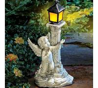 Syfunlv Figurine d'ange féerique, Colonne romaine solaire, Décoration de jardin étanche en résine, Support colonne romaine, Statues d'ange patio 13 x 9 x 19,5 cm, décoration de jardin solaire (Gauche)