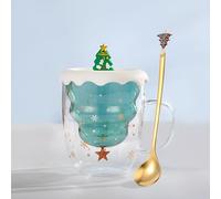 Syfunlv Grinch Tasse de Noël, tasse en verre à double paroi avec couvercle et cuillère, motif sapin de Noël, tasse à café, tasse à expresso, verre à thé, tasse à lait style 2