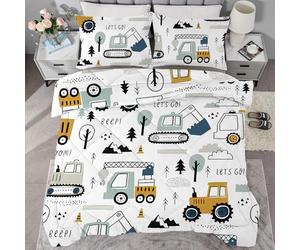 SYHIEGO Couette 140x200 Enfant Voiture Imprimée Motif Camion 4 Saisons Tracteur Édredon Lit 1 Personne 140x200 cm avec 1 Taie d'oreiller 65x65, Réversible