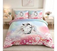 SYHIEGO Housse de Couette 200x200 Animaux Cheval Rose Fleurs Parure de Lit 2 Personnes Microfibre Literie avec 2 Taies d'oreiller 65x65cm avec Fermeture Eclair pour Adulte Enfant Fille