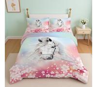 SYHIEGO Parure De Lit Enfant Fille Housse De Couette 135x200 Microfibre Animaux Cheval 3D Housse De Couette Rose Fleurs Motif 1 Personne avec Fermeture Eclair avec 2 Taies d'oreiller 65 X 65cm