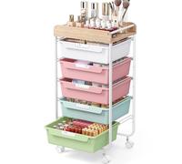 SYKIARIOL Chariot de Salle de Bain à 5 tiroirs avec roulettes, Multicolore | Multifonction - Chariot à outils et de rangement avec plan de travail en bois - Convient pour salle de bain, cuisine