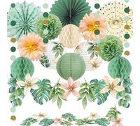 Syoulin Décorations de Fête Vert Sauge 27 Pièces, Lanterne Papier, Pompons et Éventails en Papier avec 2 Guirlande Papier de 3 m, Déco Anniversaire & Déco Mariage Champêtre pour fêtes en extérieur