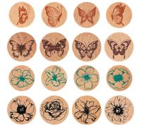 Syrvnto 16pcs Tampon encreur Enfant Rond Tampons en Bois Motifs Fleurs et Papillons Set Créatif Artisanat pour Journaling, DIY Scrapbooking et Carterie Décoration- Encreur Noir Inclus